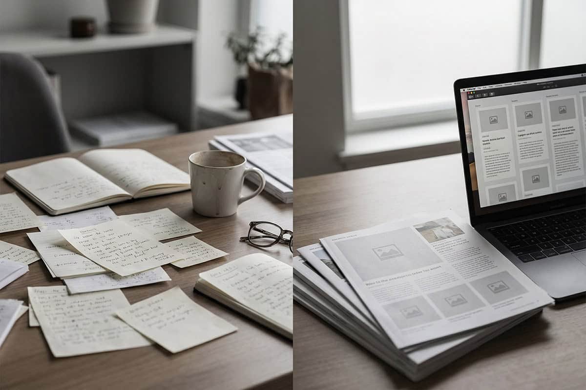 Difference Between Publishing and Posting, Editorial desk scene with one side showing scattered handwritten notes and loose paper scraps, other side neatly stacked printed articles and structured layout on laptop screen, soft natural lighting, minimalist modern setting, muted tones, no bright colors, no neon, refined magazine aesthetic, high resolution, shallow depth of field